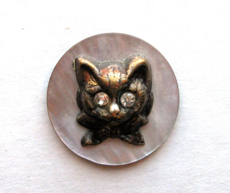 Medium Vintage Antique Button Cat Face on Pearl with Rhinestone Eyes