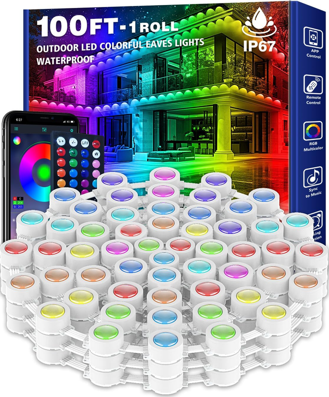 Led Eave Light 100Ft/30M,Control with App/Remote,Flexible Led Rope Lights,Multip