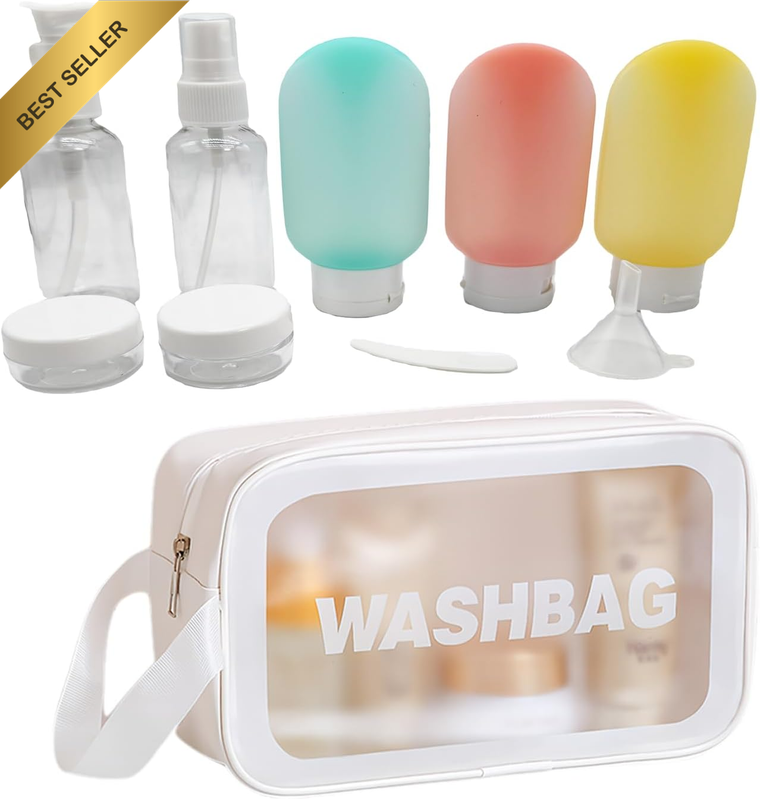 Single Handle Travel Toiletry Bag White with Refillable Cosmetic Containers Kit