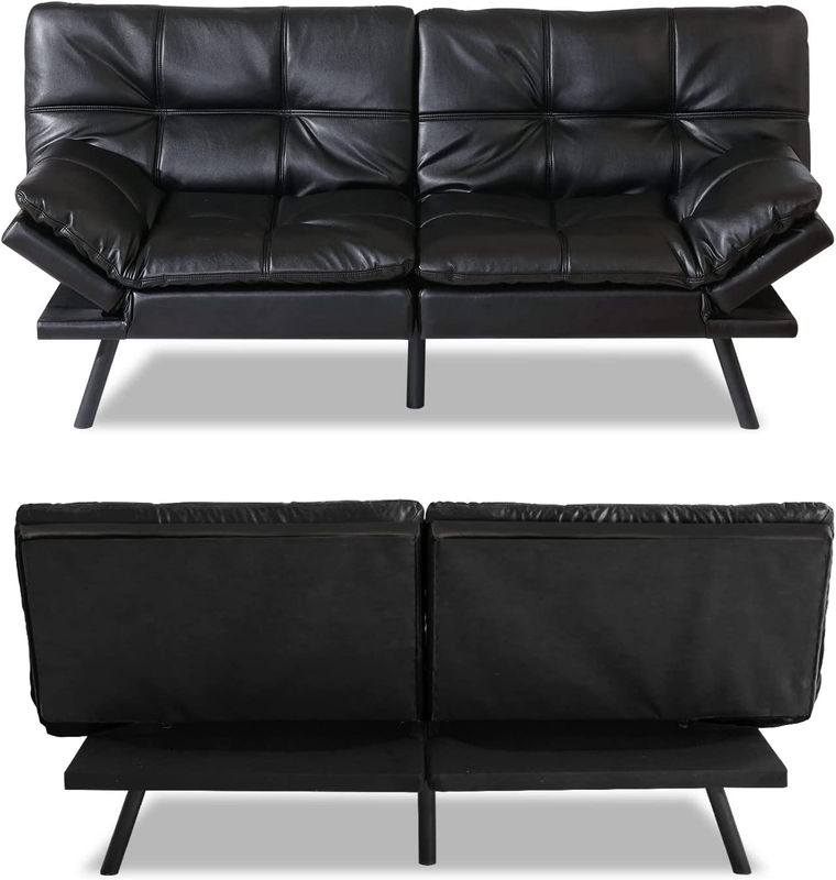 Futon Sofa Bed Couch with Frame and Mattress,Black Faxu Memory Foam Leather Futo