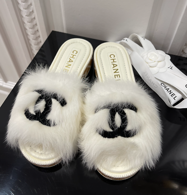 Chanel Interlocking CC Logo Fur Slide Mules 35.5