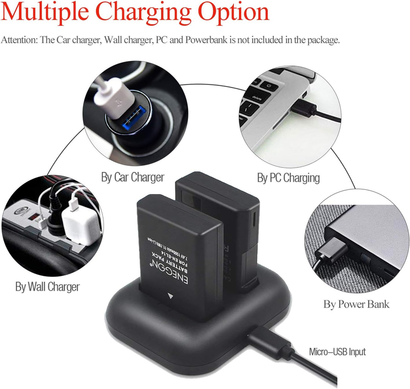 EN-EL14/EN-EL14a  Replacement Battery 1500mAh(2-Pack) and Rapid Charger kit for