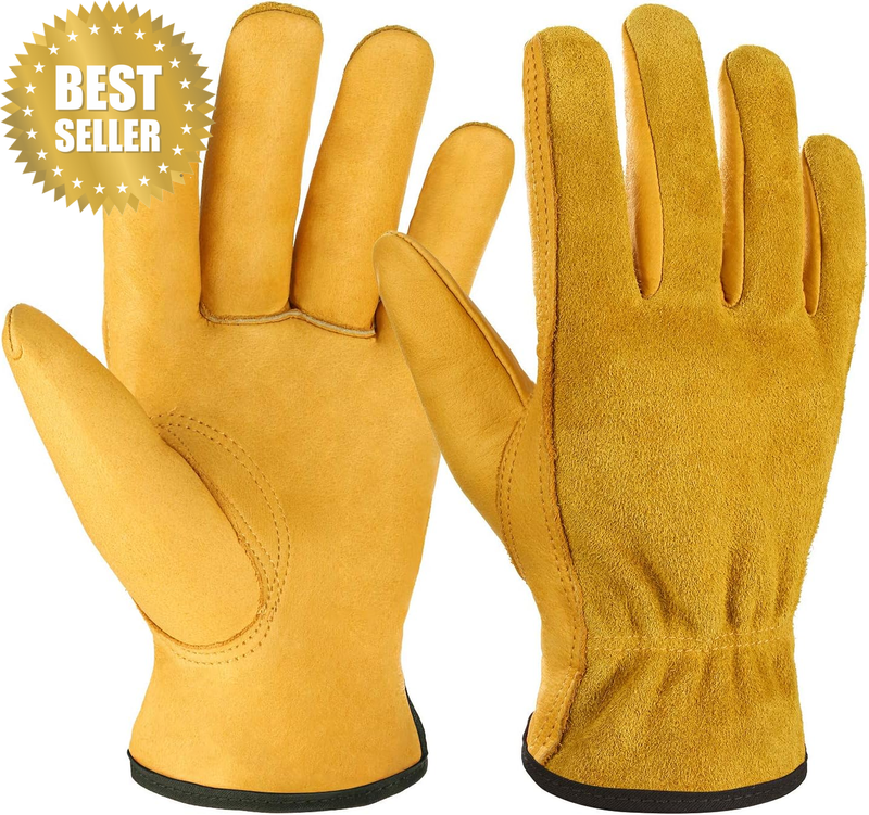 Leather Work Gloves Flex Grip Tough Cowhide Gardening Gloves for Wood Cutting/Co