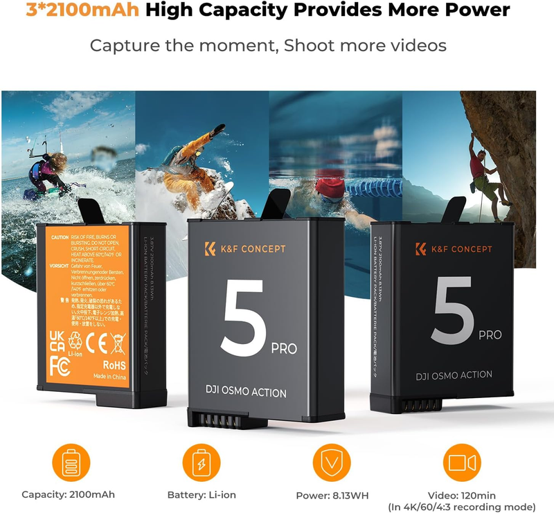3 Pack 2100mAh Osmo Action 5 Pro/4/3 Battery and Charger Compatible with DJI Osm