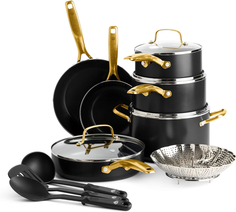 Gold 14 Piece Cookware Pots and Pans Set, Induction Suitable, Diamond Infused PFOA & Pfas-Free Ceramic Nonstick, Durable Metal Utensil Safe, Dishwasher Safe, Gold Handle, Black