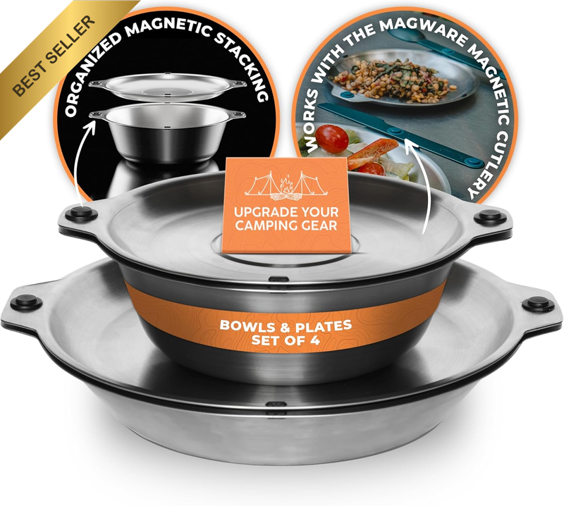 MAGWARE Magnetic Bowls and Plates Set - Stainless Steel Travel Dinnerware for Ca