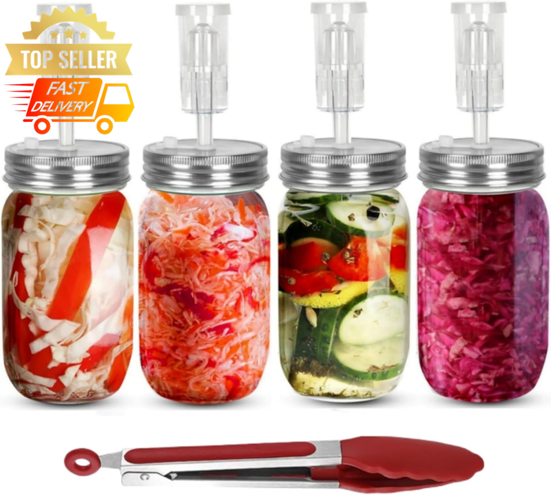 4 Pack Fermentation Kit 1L Jars with Airtight Lids & Airlocks, Glass for Veggies
