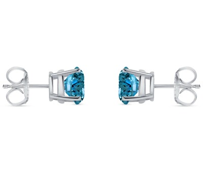 Pre-owned Shine Brite With A Diamond 3 Ct Round Cut Blue Earrings Studs Solid Real 18k White Gold Push Back Basket