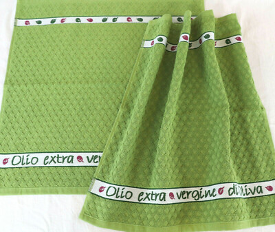 2x Towels Olives Oil Kracht Terry Kitchen Cloths Cooking Olio Extra Oliva Green