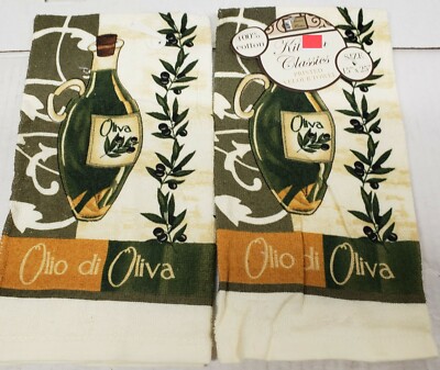 2 SAME PRINTED KITCHEN TOWELS(15''x25'')OLIVES & OIL BOTTLE, OLIO DI OLIVA # 1, BH