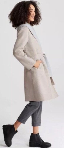 Pre-owned Eileen Fisher Large  Oatmeal Dark Pearl Brushed Wool Doubleface Shwal Collar Coat In Oatmeal/dark Pearl