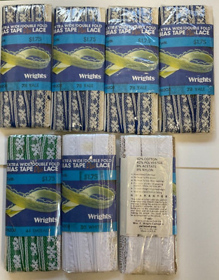 WRIGHTS EXTRA WIDE DOUBLE FOLD BIAS TAPE & LACE, 7 PACKS IN SET, VINTAGE