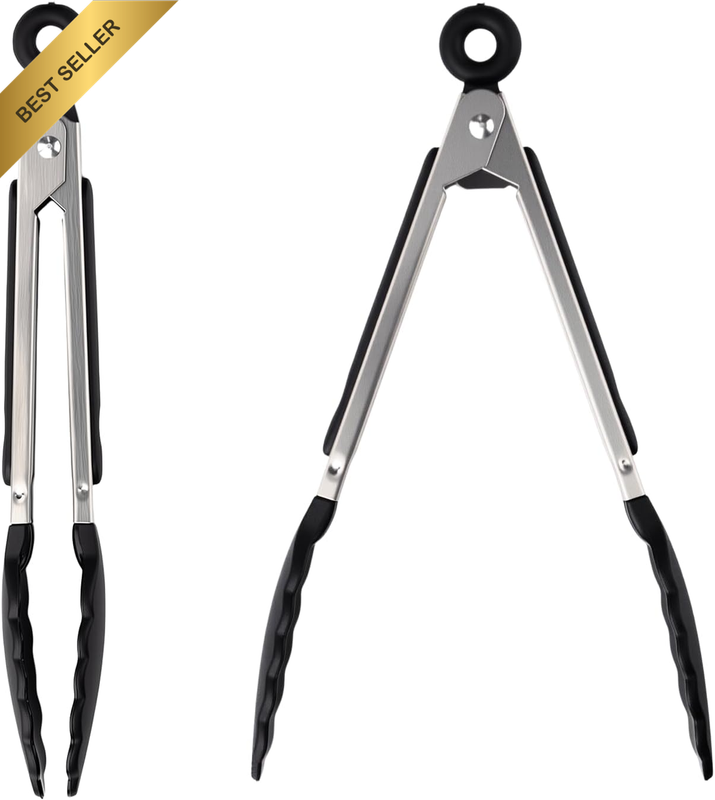 2Pcs Black Stainless Steel BBQ Tongs with Nylon Tips Non-Slip Cooking Tool