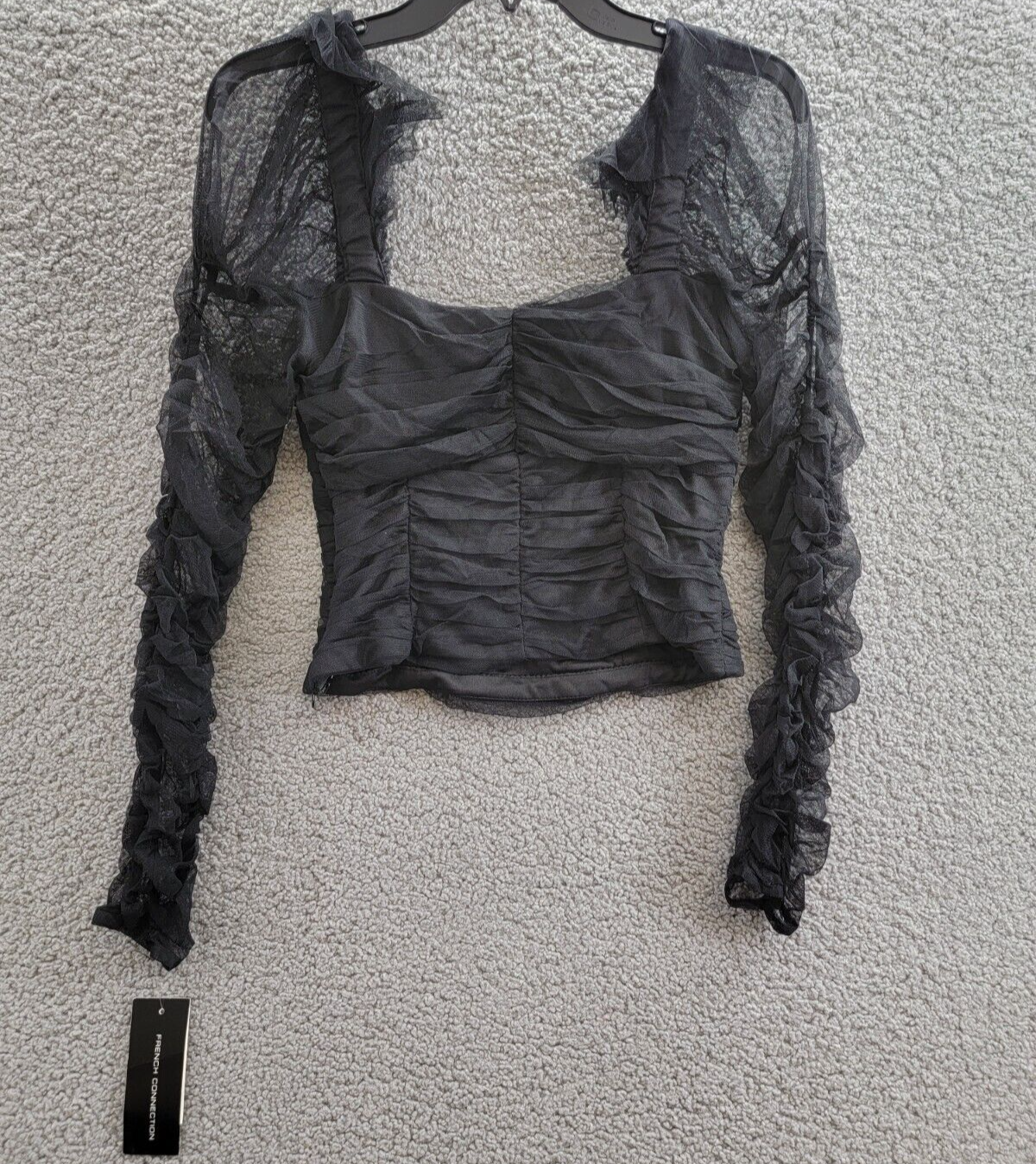 French Connection Edrea Long-Sleeve Tulle Top Women's 6 Blackout Ruched Pullover - Picture 10 of 16