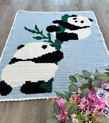 Panda Crochet Blanket Pattern, Color Printing, 34'' x 39'',  Baby Gift, Home Decor