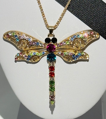BETSEY JOHNSON MULTICOLOR CRYSTAL HOLIDAY DRAGONFLY GOLD PENDANT
