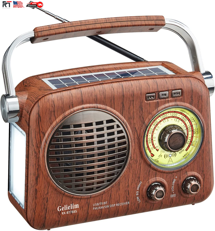 Retro AM FM Radio with Bluetooth Speaker Clear Sound Portable Solar/Rechargeable