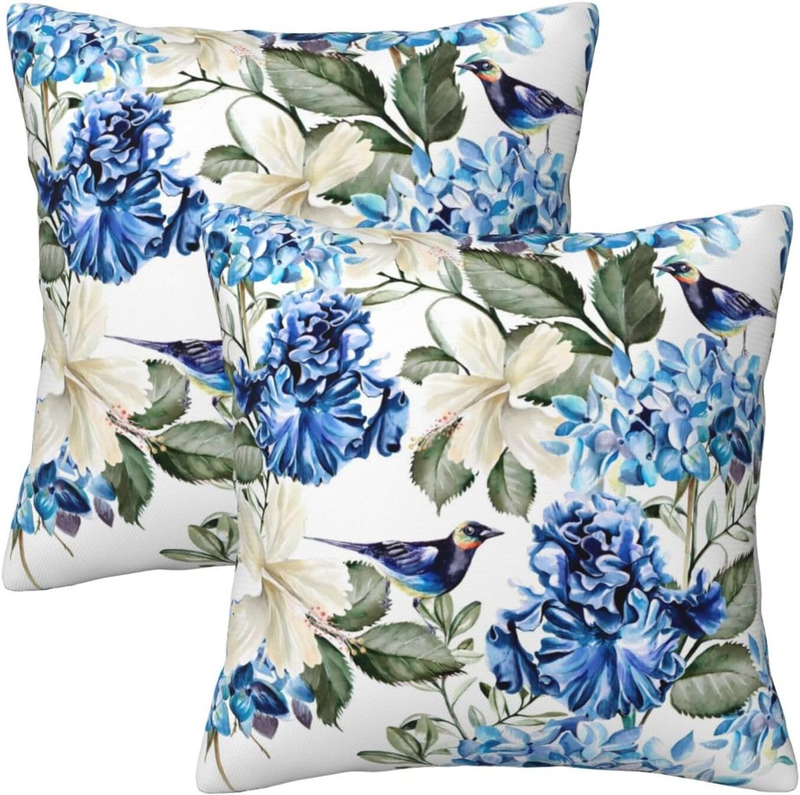Blue and White Floral Pillow Covers 18X18 Set of 2, Spring Hydrangea Hibiscus Flower Throw Pillow Covers Outdoor Decorative Pillow Case for Couch Bed Sofa Cushion Home Decor