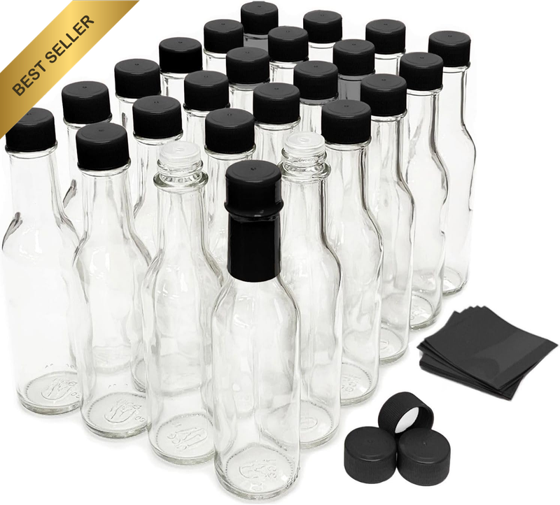 Hot Sauce Bottles with Black Caps & Shrink Bands, 5 Oz - Case of 24