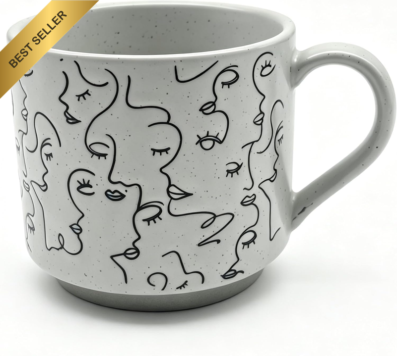 Ceramic Coffee Mug with Vintage Artistic Design, Face Patterns