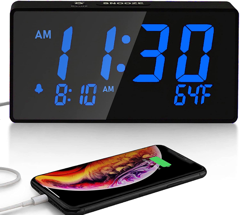 Desk Digital Alarm Clock for Bedroom Blue 6 inch LED Display with USB Port