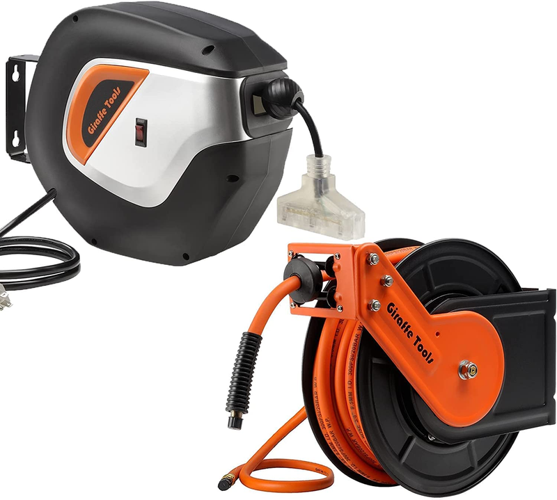 Giraffe Extension Cord Reel 40Ft 16AWG & Retractable Air Hose Reel 50Ft Bundle