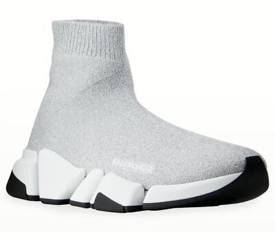 Balenciaga Women Speed Sock Shiny Knit Silver White HighTop Sneaker EUR 41  US 11 | eBay