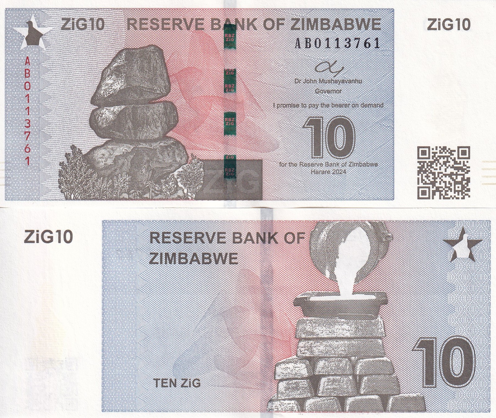 Zimbabwe 10 ZiG 2024 P 110 Gold Reserve Backed UNC With QR Code