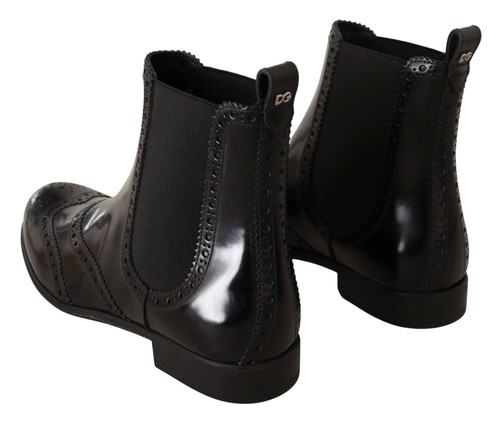 Pre-owned Dolce & Gabbana Dolce&gabbana Women Black Ankle Boots Leather Stretch Wingtip Low Heel Booties