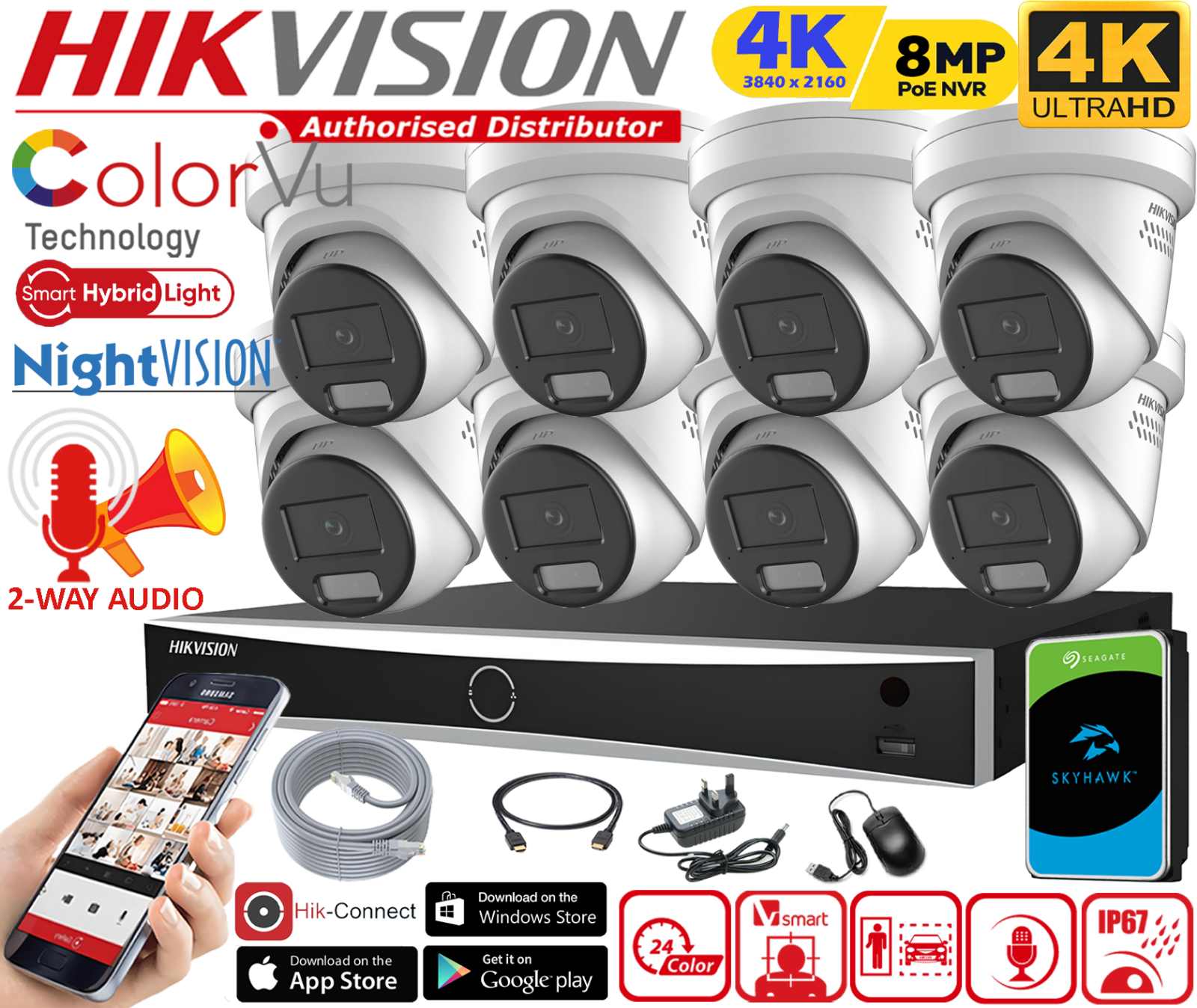 Hikvision POE 4K 8MP ColorVu IP Camera System Kit Smart Hybrid Light 2 way AUDIO