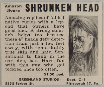 1956 Novelty Print Ad Amazon Jivaro Shrunken Head Greenland Studio Pittsburgh,PA