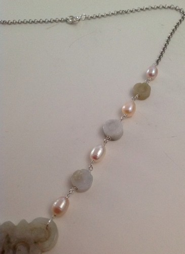 Sterling SIlver Carved Jade and Rosy Pink Pearl Necklace 17 Inches