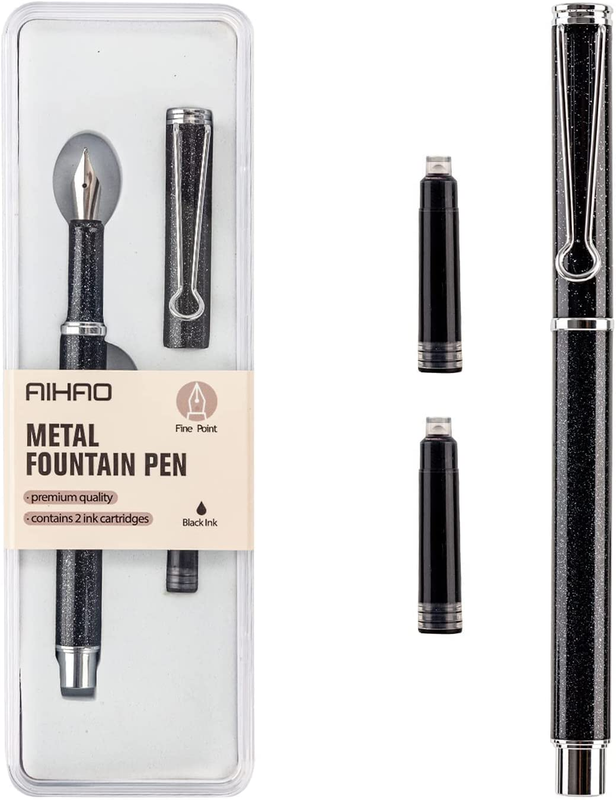 Refillable Fountain Pen, Fine Point, Metal Fountain Pen with Gift Box, Bl