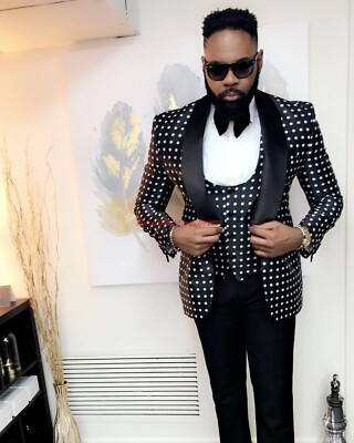 Premium Men Suit Polka Dots Fashion Jacket Party Prom Groom Tuxedos Wedding Suit