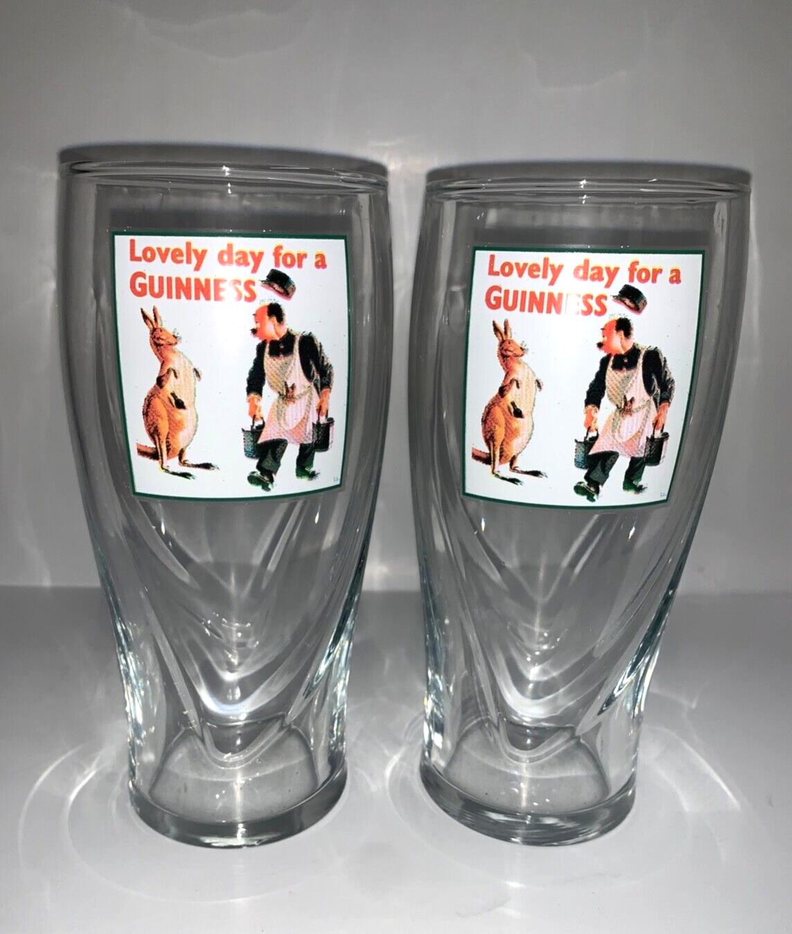Guinness Glasses Set of 2 Lovely Day For Gilroy Kangaroo Design 20 Ounce RARE!