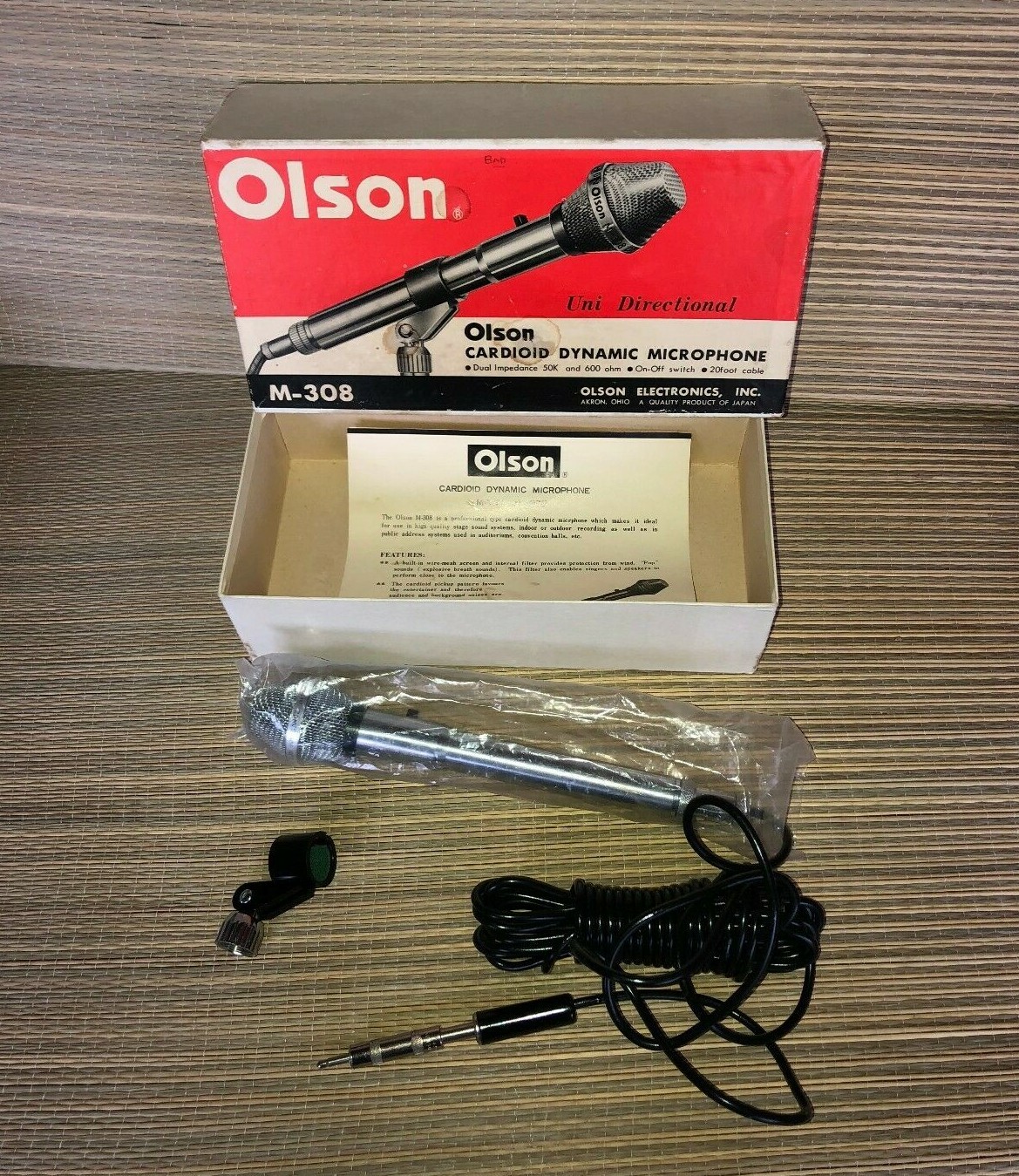 OLSON CARDIOID DYNAMIC MICROPHONE-40 YEARS OLD +MODEL M-308 - IN ORIGINAL BOX-