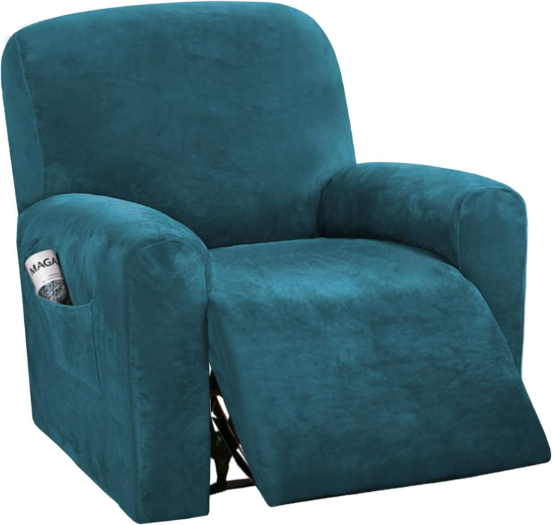 Velvet Stretch Recliner Couch Covers 4-Pieces Style Recliner Chair Covers Recliner Cover for Reclining Chair Slipcovers Feature Non Slip Form Fitted Thick Soft Washable, Deep Teal