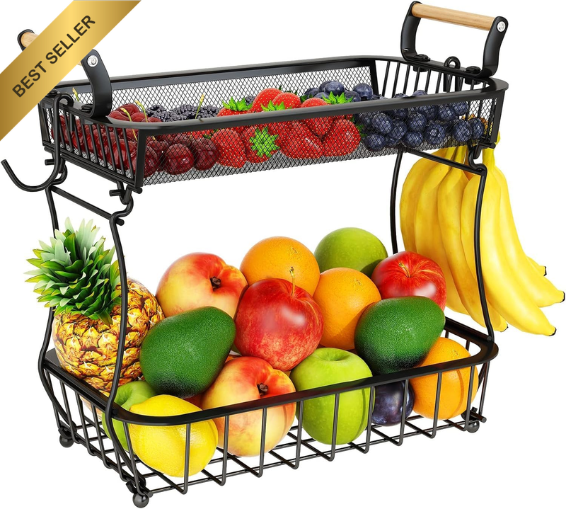 Fruit Basket, 2 Tier Fruit Bowl with 2 Banana Hanger, Kitchen Countertop Rack, V