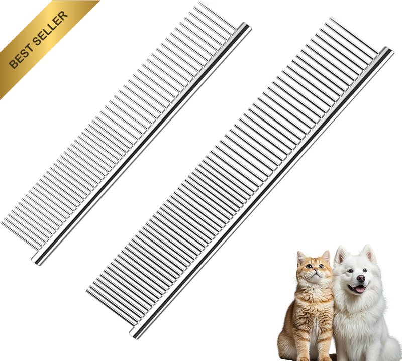 2-Pack Stainless Steel Pet Comb for Grooming and Detangling, Metal Dog Comb with