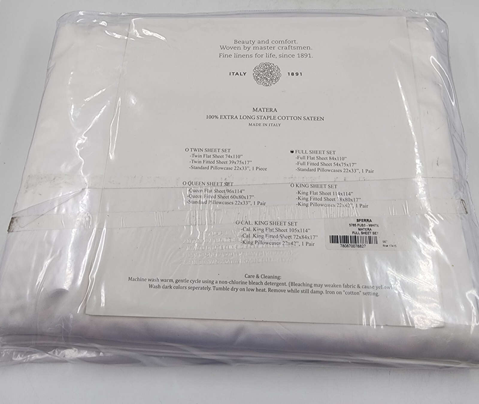 Sferra 800-Thread Count Matera Full Sheet Set 84in x 110in White - Picture 11 of 11