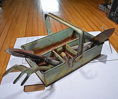 primitive French Country garden tool caddy tote w/assortment of tools vintage