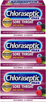 CHLORASEPTIC Max Lozenges WILD BERRIES Sore Throat & Cough 15ct  3 pack