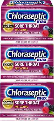 CHLORASEPTIC Max Lozenges WILD BERRIES Sore Throat & Cough 15ct ( 3 pack ) ^