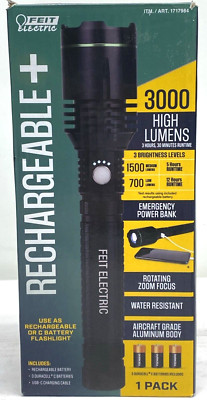 Feit Rechargeable+ 3000 Lumens Flashlight , Water Resistant, Zoom, Power Ban