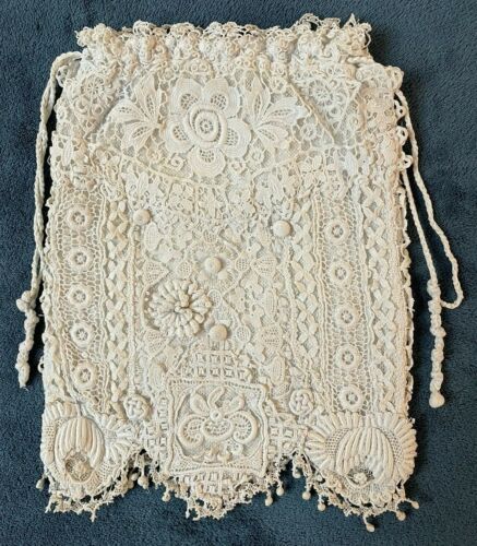 Beautiful Antique Victorian Lace Linen Wedding Money Bag - 11" X 9"