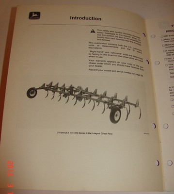 John Deere Op Manual Dealer Service Shop Copy - 1610 2-Bar Integral Chisel Plow