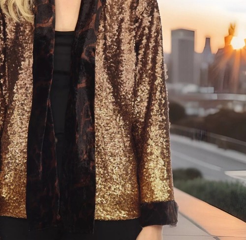 Pre-owned Johnny Was Xl 1x Kimono Silk Velvet & Sequin Gold & Leopard Jacket Wrap Coat