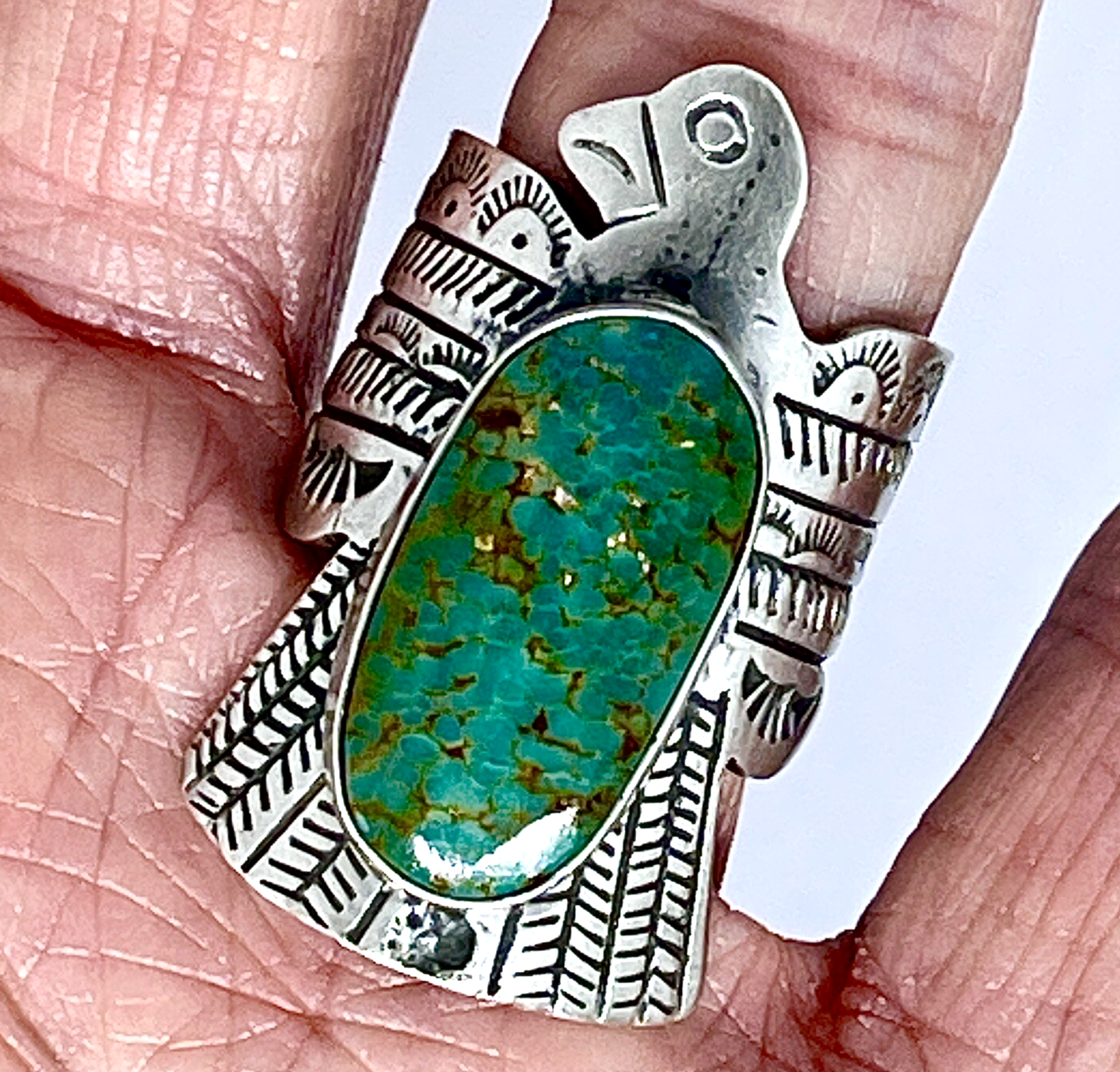 Navajo Turquoise Thunderbird Ring Sz 9 Stamped Sterling