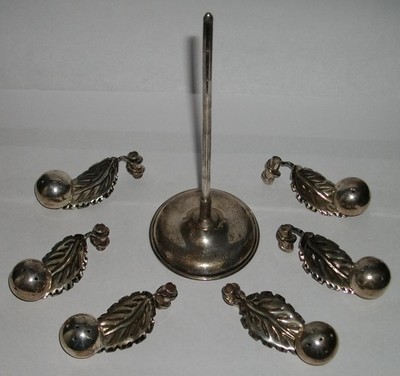 Antique Salt Pepper Shakers Cherry Tree / 925 STERLING SILVER / STAND / 6 SHAKER