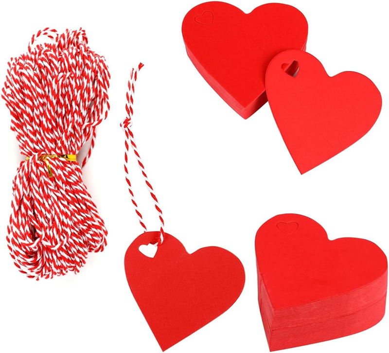 Heart Shaped Gift Tags 150 Pcs – Red Kraft Paper Valentine Tags with String, Hea
